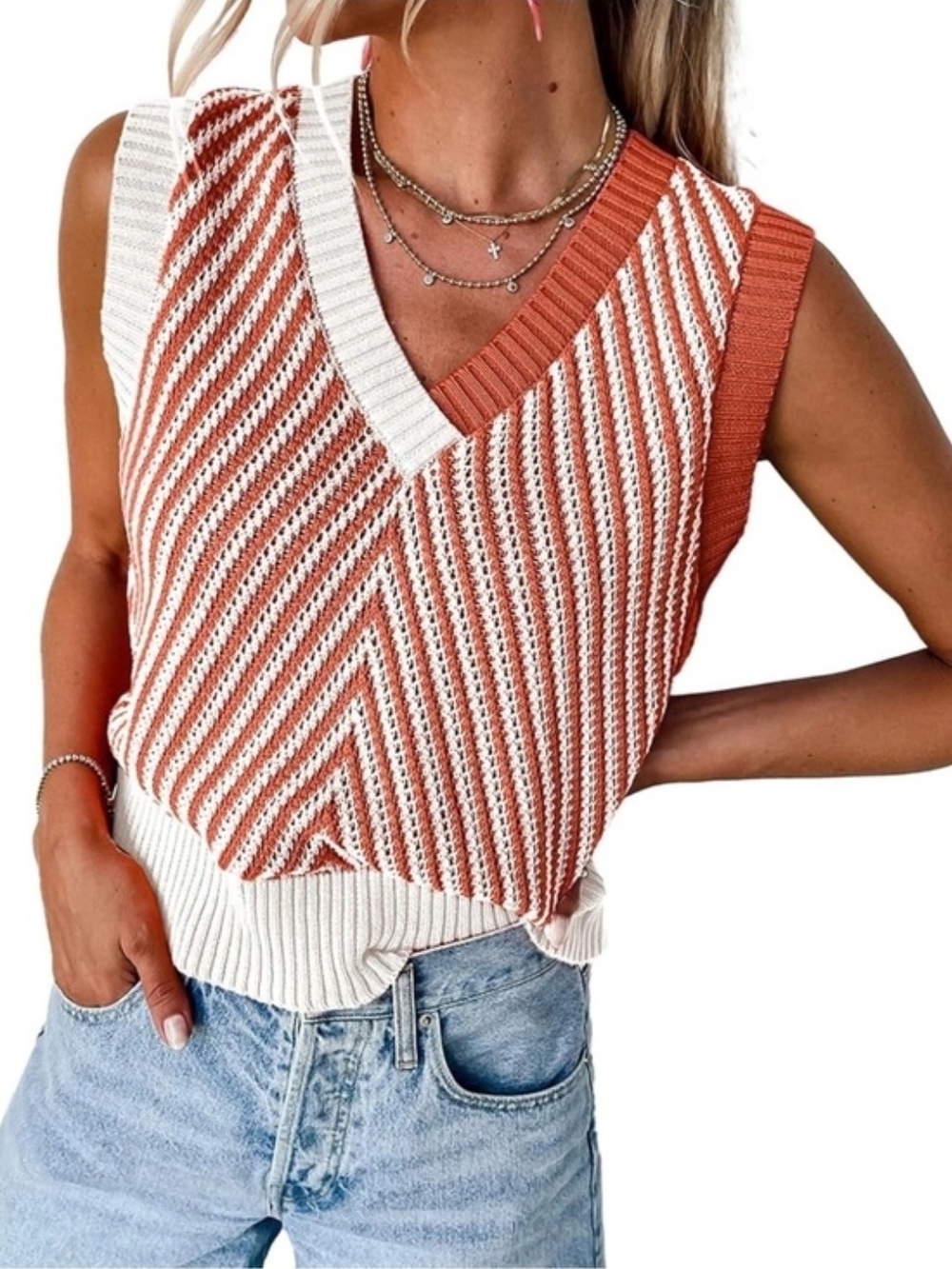 Longhorn Orange & White Chevron Striped V-Neck Knit Sweater Vest - Medium